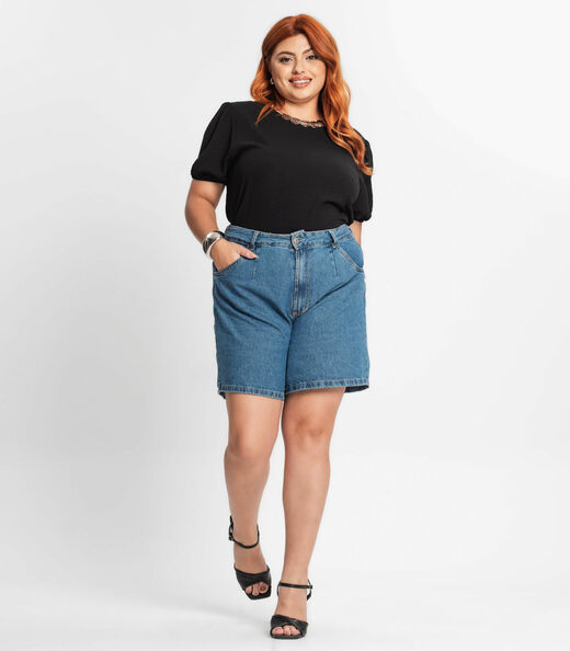 Blusa Plus Size Mangas Bufantes Secret Glam Preto