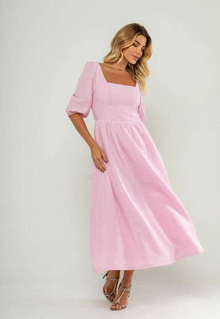 Image_Vestido Longo Com Decote Reto E Manga Bufante 3/4 Rosa Salvatore