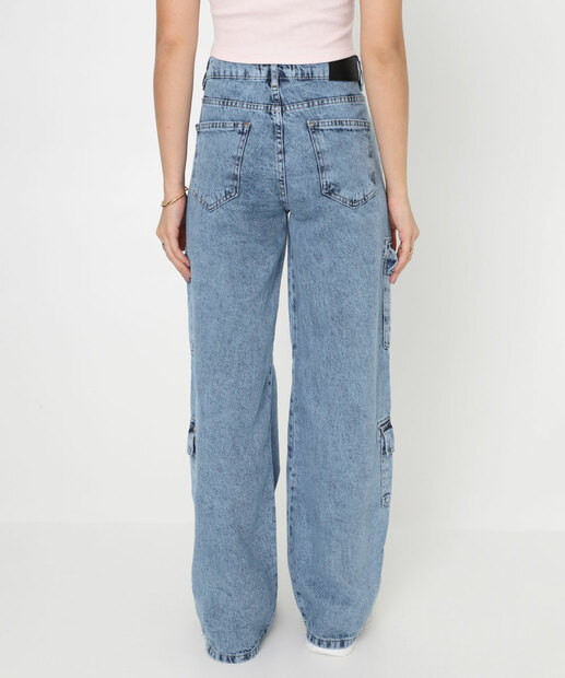 Calça Feminina Jeans Cargo Wide Leg Azul