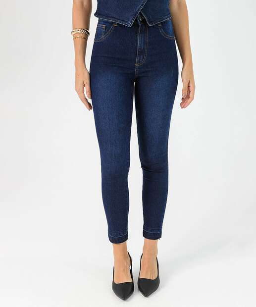 Calça Jeans Skinny Feminina Barra Desconstruída Azul
