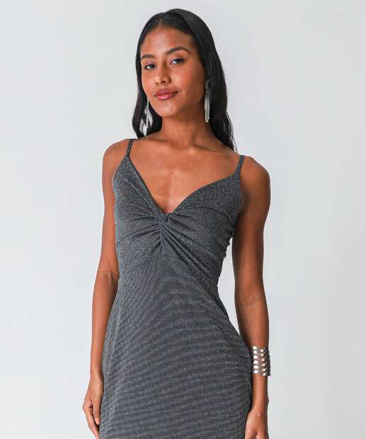 Vestido Midi Feminino Brilho Lurex Marisa Preto