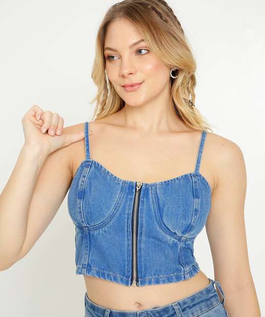 Blusa Cropped Feminina Jeans Zíper Marisa