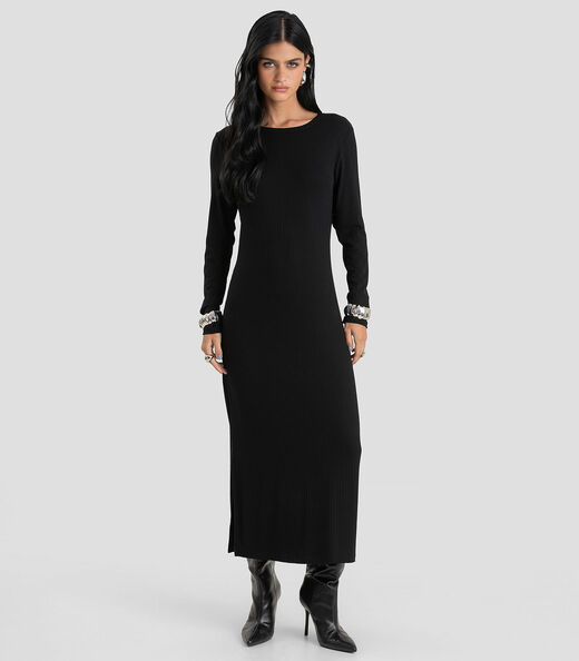 Vestido Feminino Super Midi Canelado Dianna Preto
