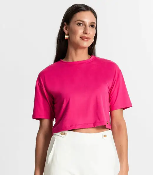 Blusa Cropped Manga Curta Rovitex Rosa