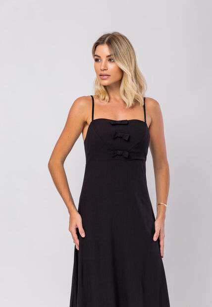 Vestido Midi Viscolinho Premium Laços Preto Salvatore