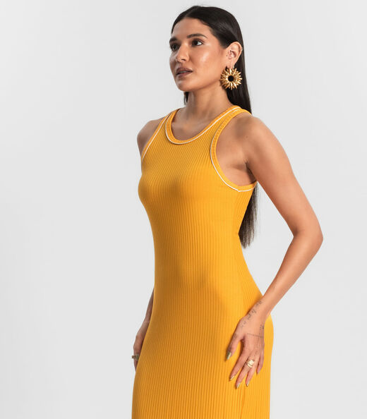 Vestido Midi sem Manga Ribana Canelada Amarelo