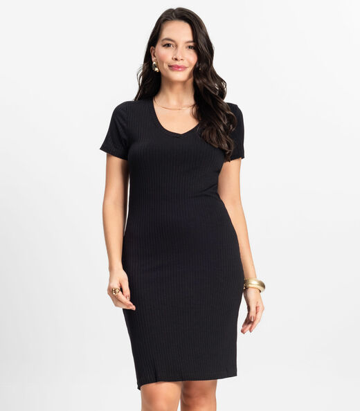 Vestido Feminino Em Ribana Canelada Rovitex Preto