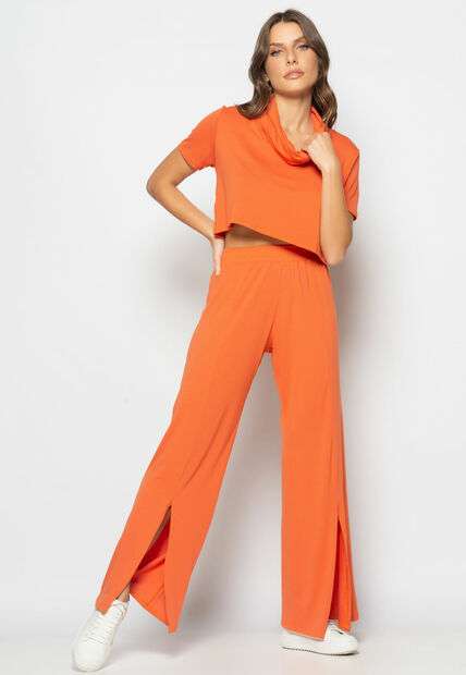 Image_Conjunto Cropped Golão E Calça Fenda Frontal Malha Telha Salvatore