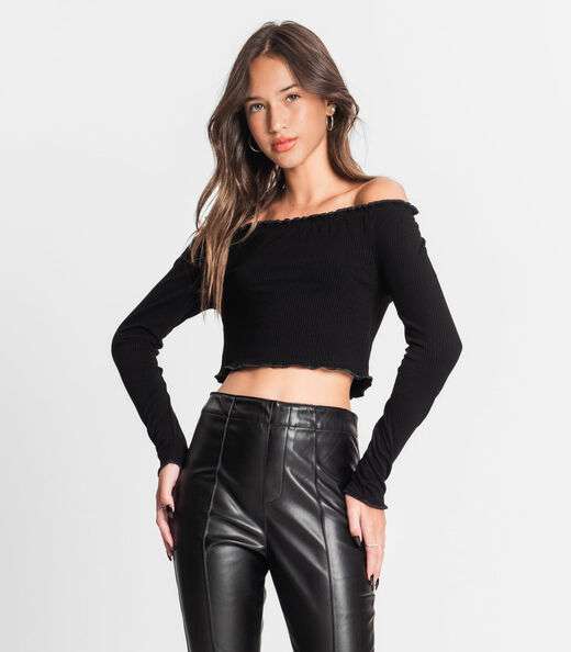 Blusa Juvenil Feminina Manga Longa Canelada Minty Preto