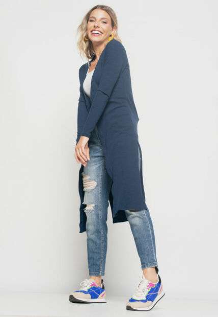 Kimono  Alongado Manga Longa Canelado Azul Salvatore Fashion