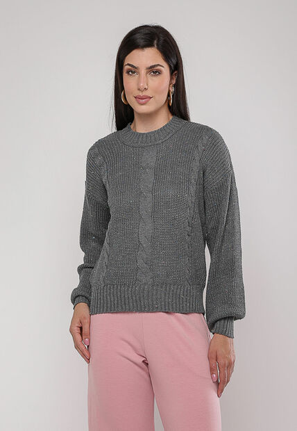 Blusa de Tricot Boton? com Trama Texturizada Grafite Salvatore