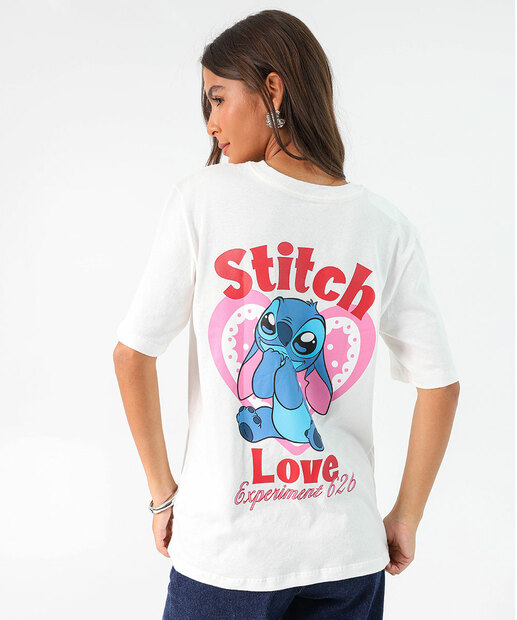 Camiseta Feminina Oversized Stitch Manga Curta Off White