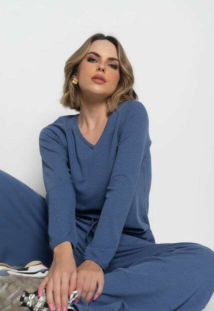 Blusa  Gola V Manga Longa Canelada Azul Claro Salvatore Fashion