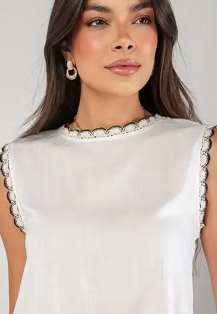 Regata Alfaiataria Com Renda nas Cavas E Gola Branco Salvatore