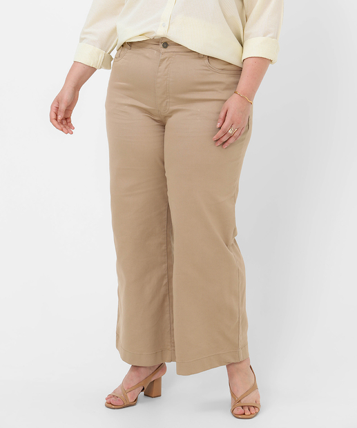 Calça Plus Size Feminina Sarja Wide Leg Petit Sawary Bege