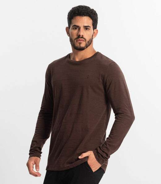 Camiseta Masculina Manga Longa Básica Diametro Marrom