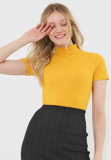 Kit 3 Blusas  Gola Alta Comfy Malha Canelada Preta, Branca e Mostarda