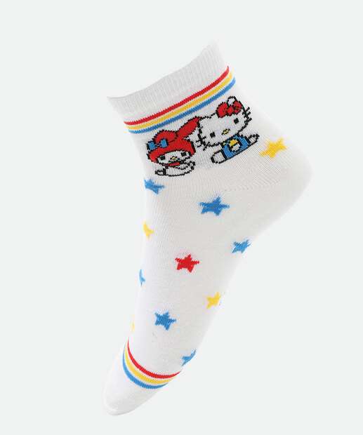 Kit 2 Meias Soquete Feminina Hello Kitty e Kuromi Branco