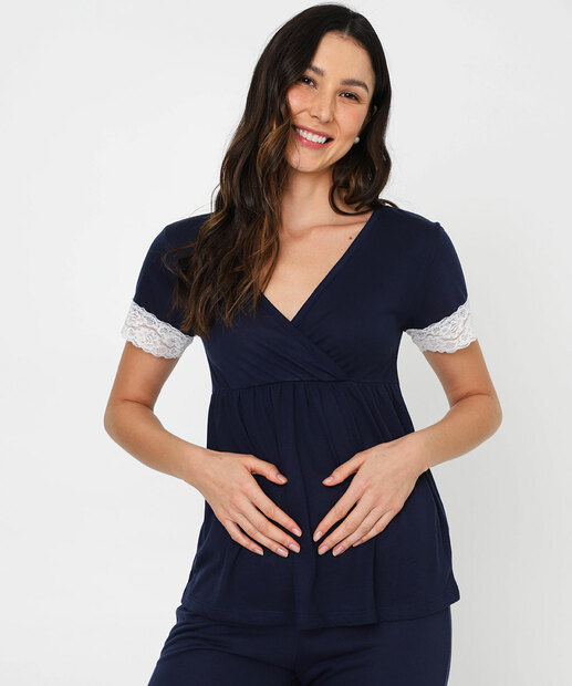Pijama Feminino Gestante Recorte Renda Marisa Azul