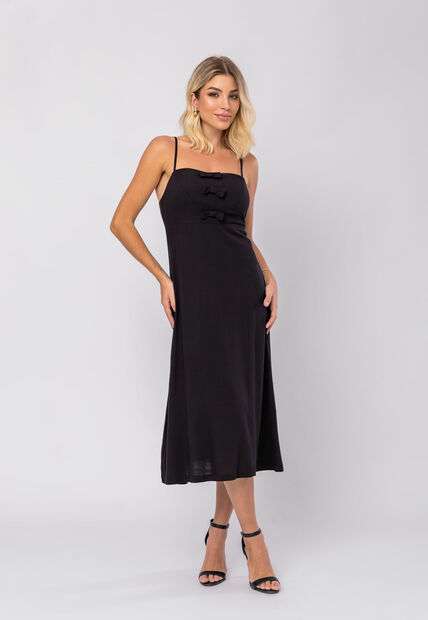 Vestido Midi Viscolinho Premium Laços Preto Salvatore