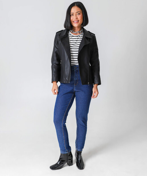 Jaqueta Feminina Biker Bolsos Marisa Preto