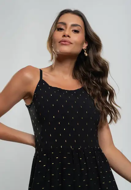 Vestido Midi Viscose Babado Com Lurex Preto Salvatore Fashion