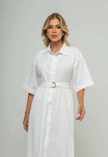 Vestido Midi Chemise Com Cinto Branco Salvatore