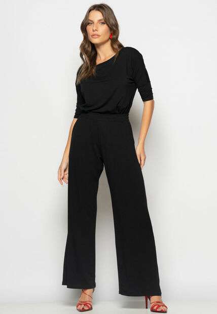 Conjunto Blusa Canoa 3/4 e Wide Leg Malha Preto Salvatore