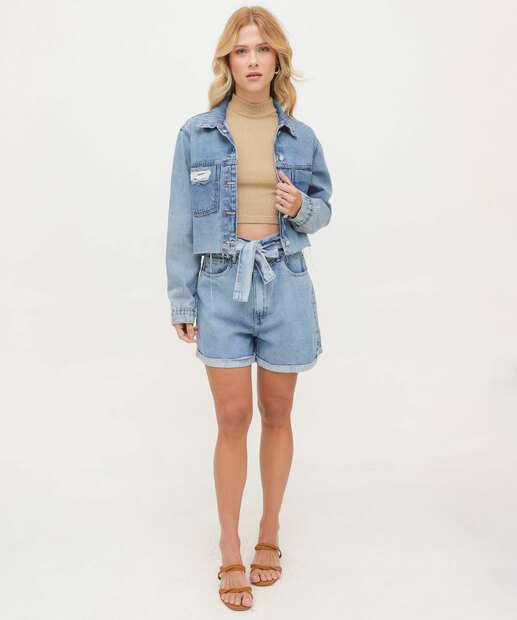 Short Jeans Feminino Clochard Cintura Alta Bolsos