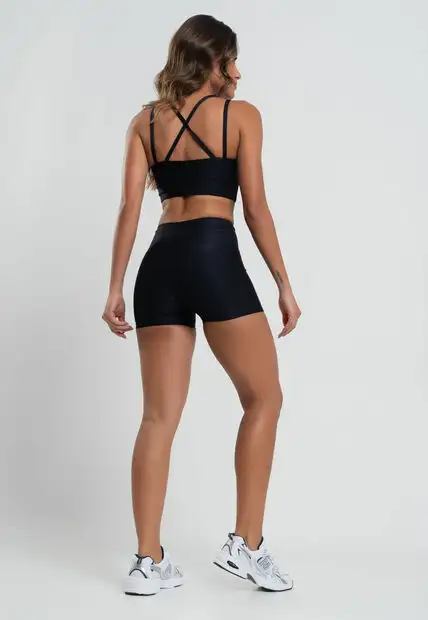 Top Suplex Canelado Brilho Decote e Tiras Preto Salvatore Fashion