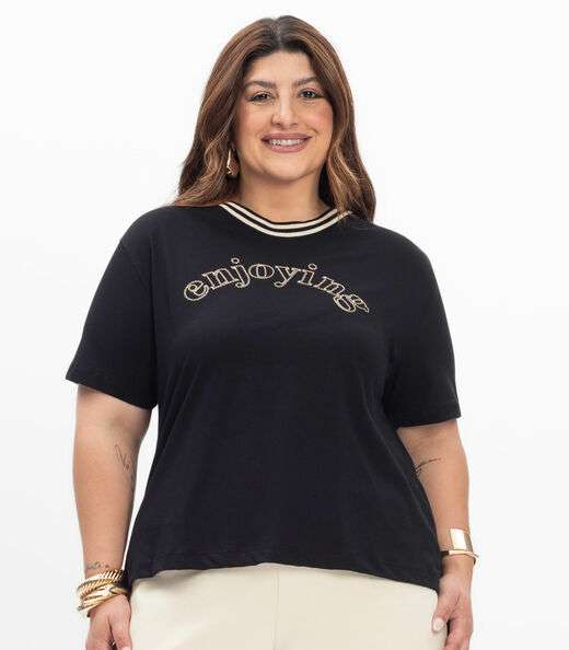 Blusa Manga Curta Feminina Plus Size Secret Glam Preto