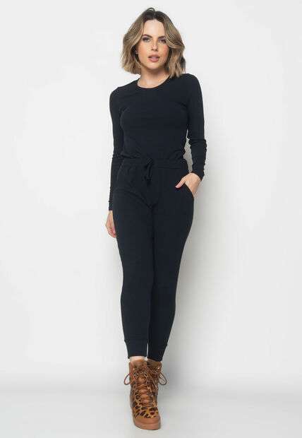 Conjunto  Comfy Com Blusa Manga Longa e Jogger Canelada Preto Salvatore Fashion