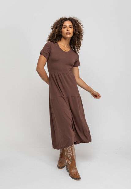 Vestido Midi Manga Curta Com Babado Marrom Salvatore