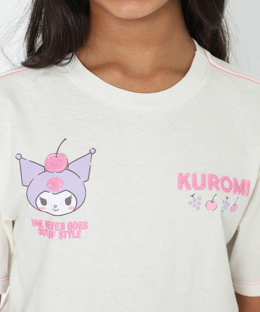 Blusa Juvenil Manga Curta Kuromi Sanrio Tam 10 a 16 Off White