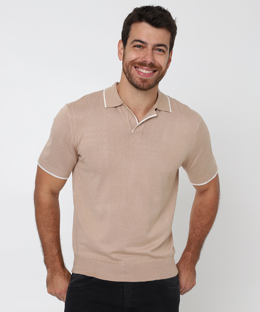 Image_Polo Masculina Tricô Retilínea Manga Curta Marisa Bege