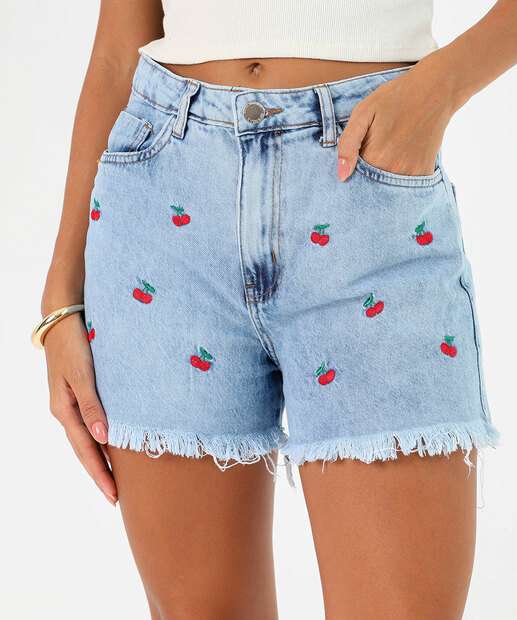 Short Feminino Jeans Bordado Cereja Bolsos Azul