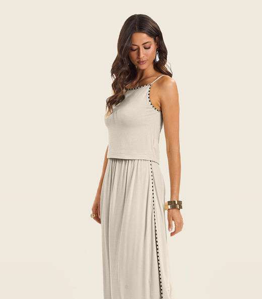 Conjunto Feminino Blusa Com Saia Midi Endless Bege
