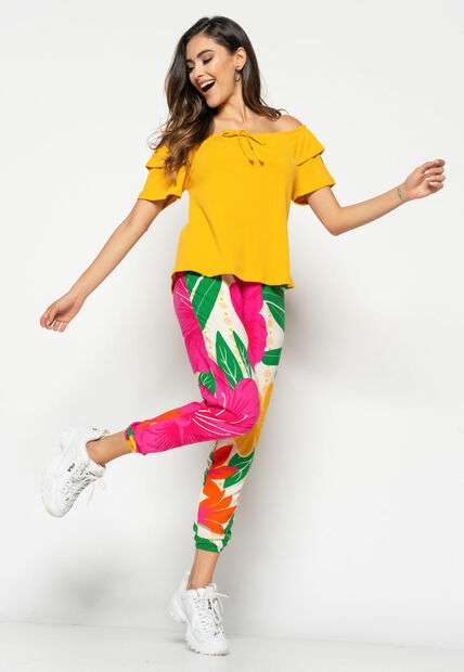 Blusa  Ombro A Ombro Canelada Mostarda