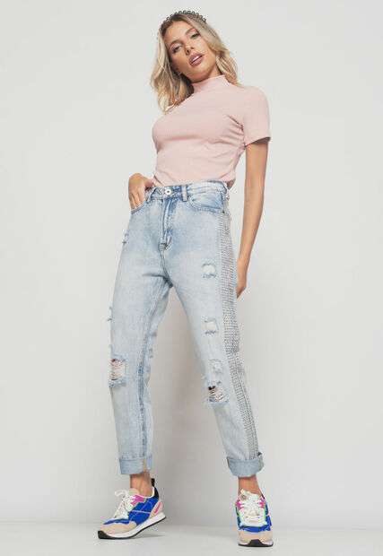 Blusa  Gola Alta Malha Canelada Rosa Claro