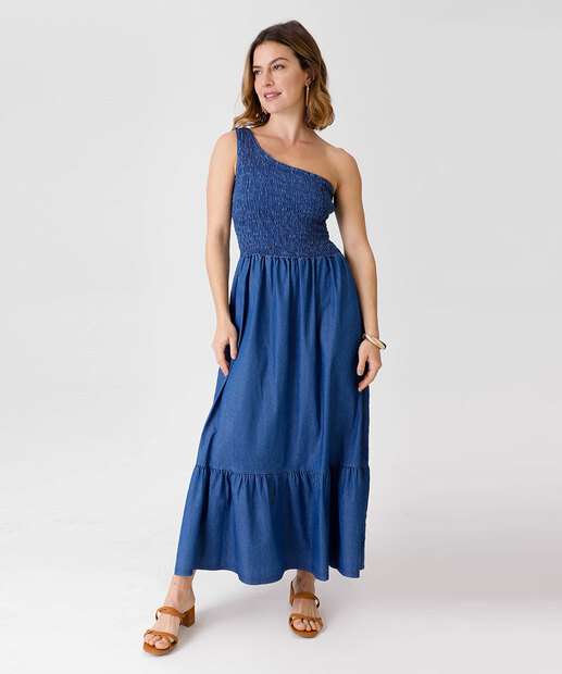 Vestido Jeans Longo Feminino Ombro Só Lastex Marisa