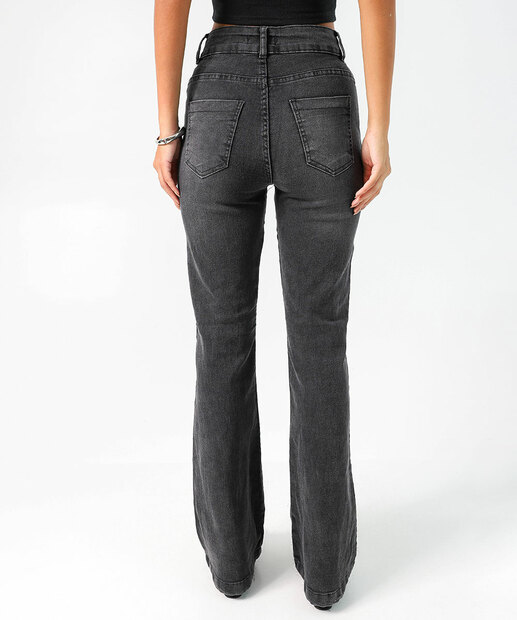 Calça Jeans Flare Feminina Strass Cintura Alta Preto
