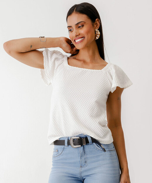 Blusa Feminina Textura Manga Curta Marisa Off White