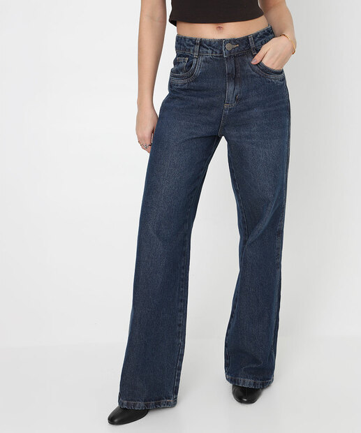 Calça Feminina Jeans Wide Leg Bolsos Sawary Azul