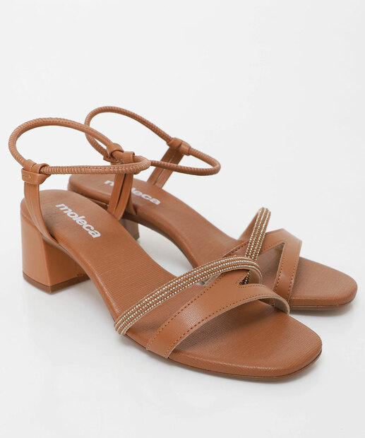 Sandália Feminina Salto Grosso Strass Moleca Caramelo