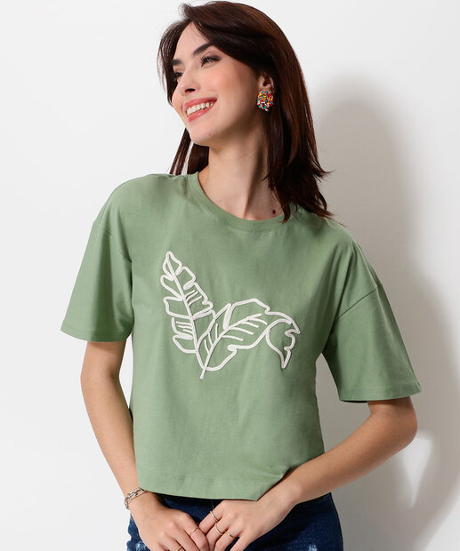 Blusa Feminina Bordado Folha Manga Curta Marisa