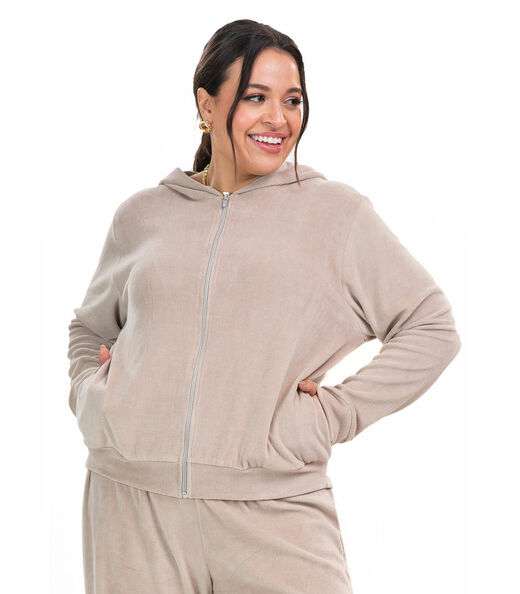 Jaqueta com Capuz Plush Secret Glam Bege