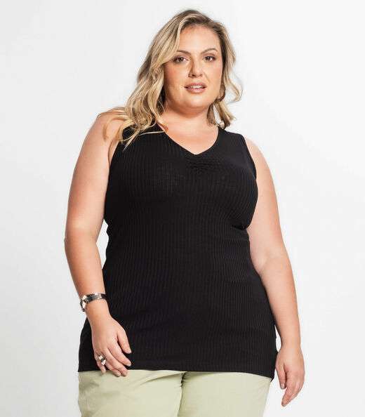 Regata Plus Size Em Ribana Canelada Secret Glam Preto