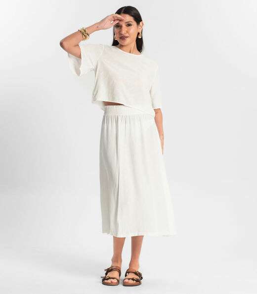 Saia Midi Viscose Maquinetada Bege