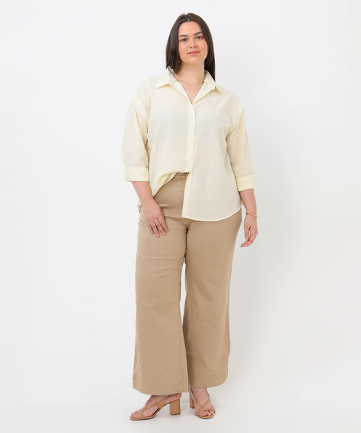 Image_Calça Plus Size Feminina Sarja Wide Leg Petit Sawary Bege