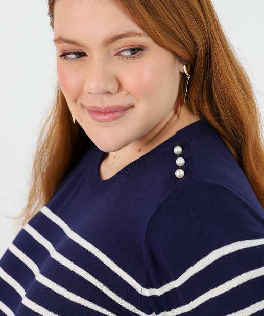 Suéter Plus Size Feminino Tricô Listrado Pérolas Marisa Azul